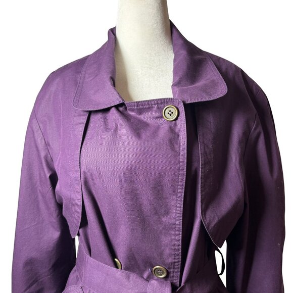 Womens M Vintage Purple Double-Breasted Mid Trench Coat belted plaid lining - Picture 2 of 11